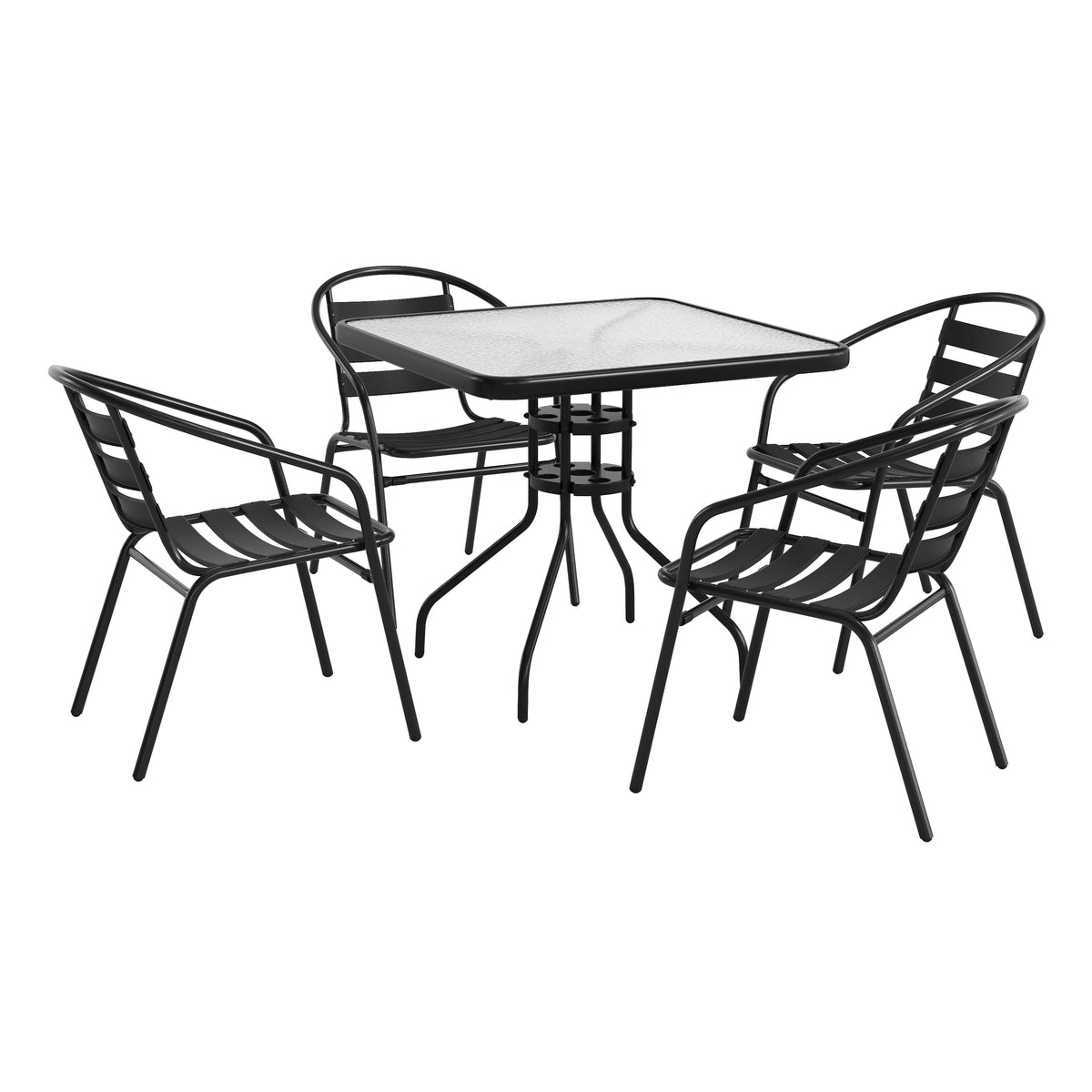 Black |#| 31.5" Square Glass Metal Table with 4 Black Metal Aluminum Slat Stack Chairs