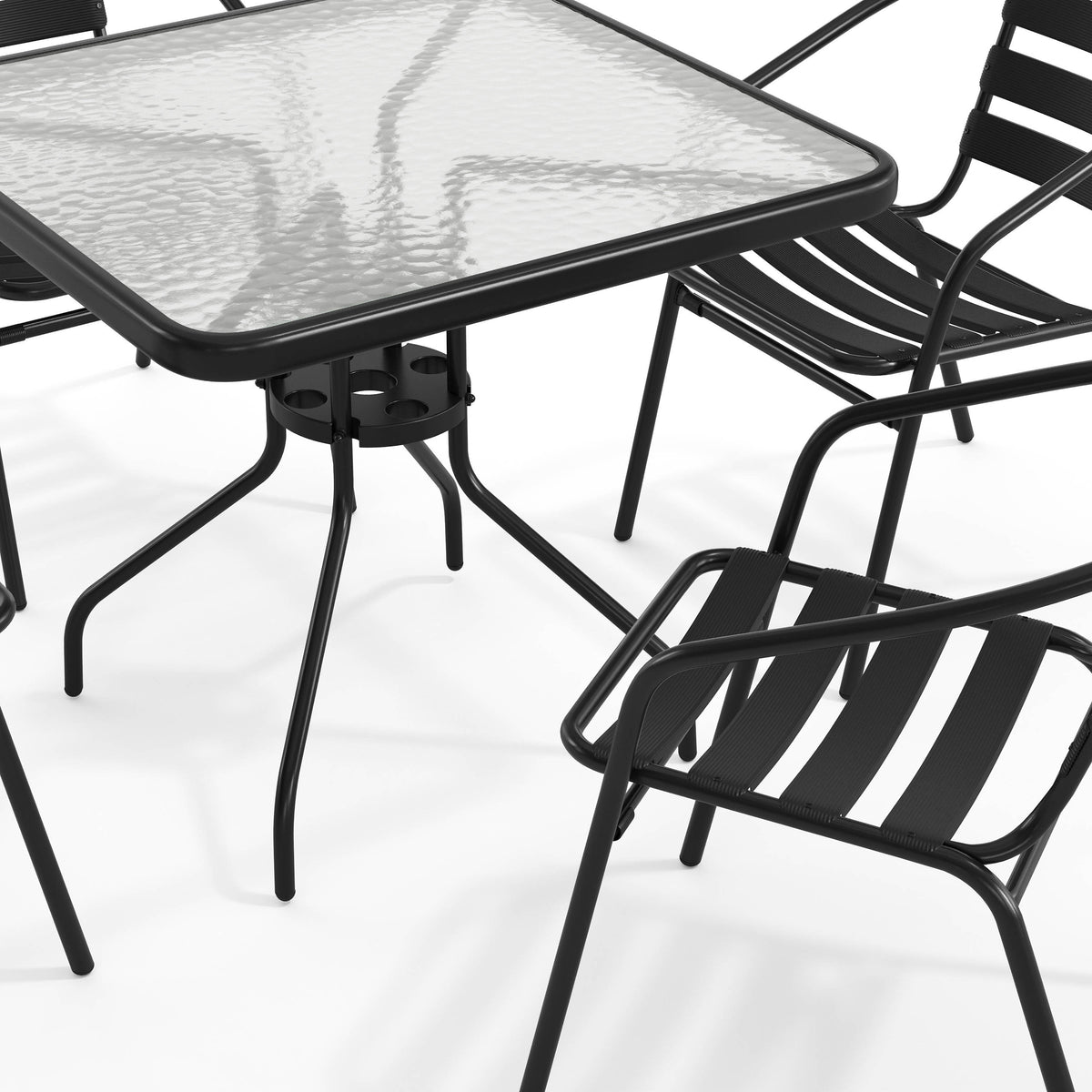 Black |#| 31.5" Square Glass Metal Table with 4 Black Metal Aluminum Slat Stack Chairs