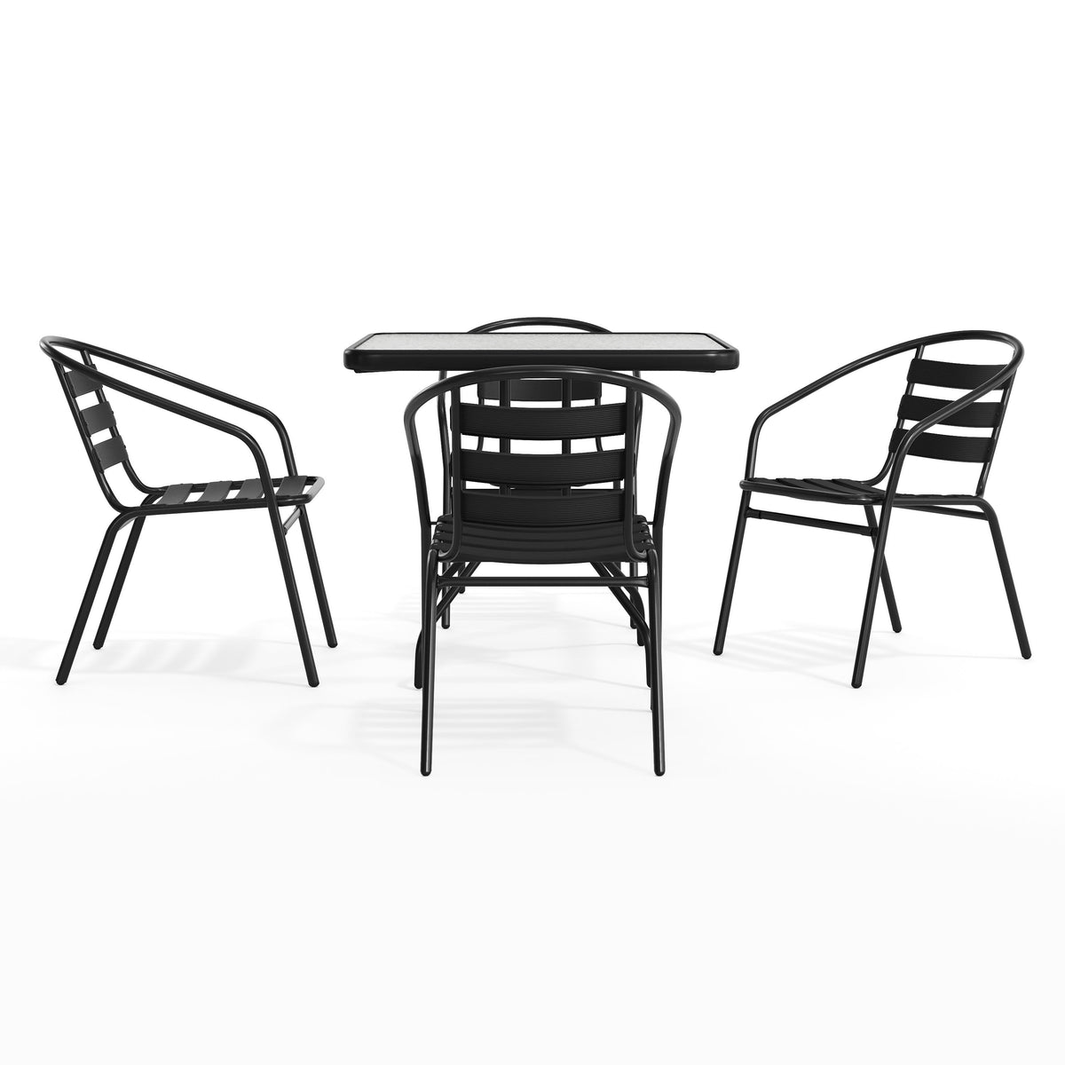 Black |#| 31.5" Square Glass Metal Table with 4 Black Metal Aluminum Slat Stack Chairs