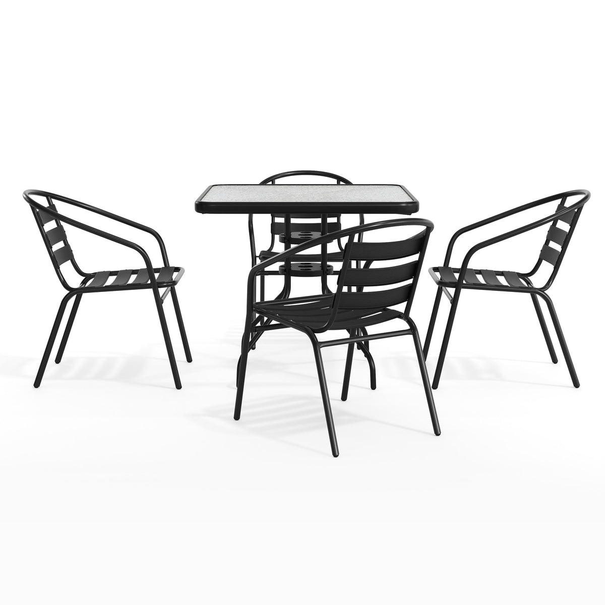 Black |#| 31.5" Square Glass Metal Table with 4 Black Metal Aluminum Slat Stack Chairs