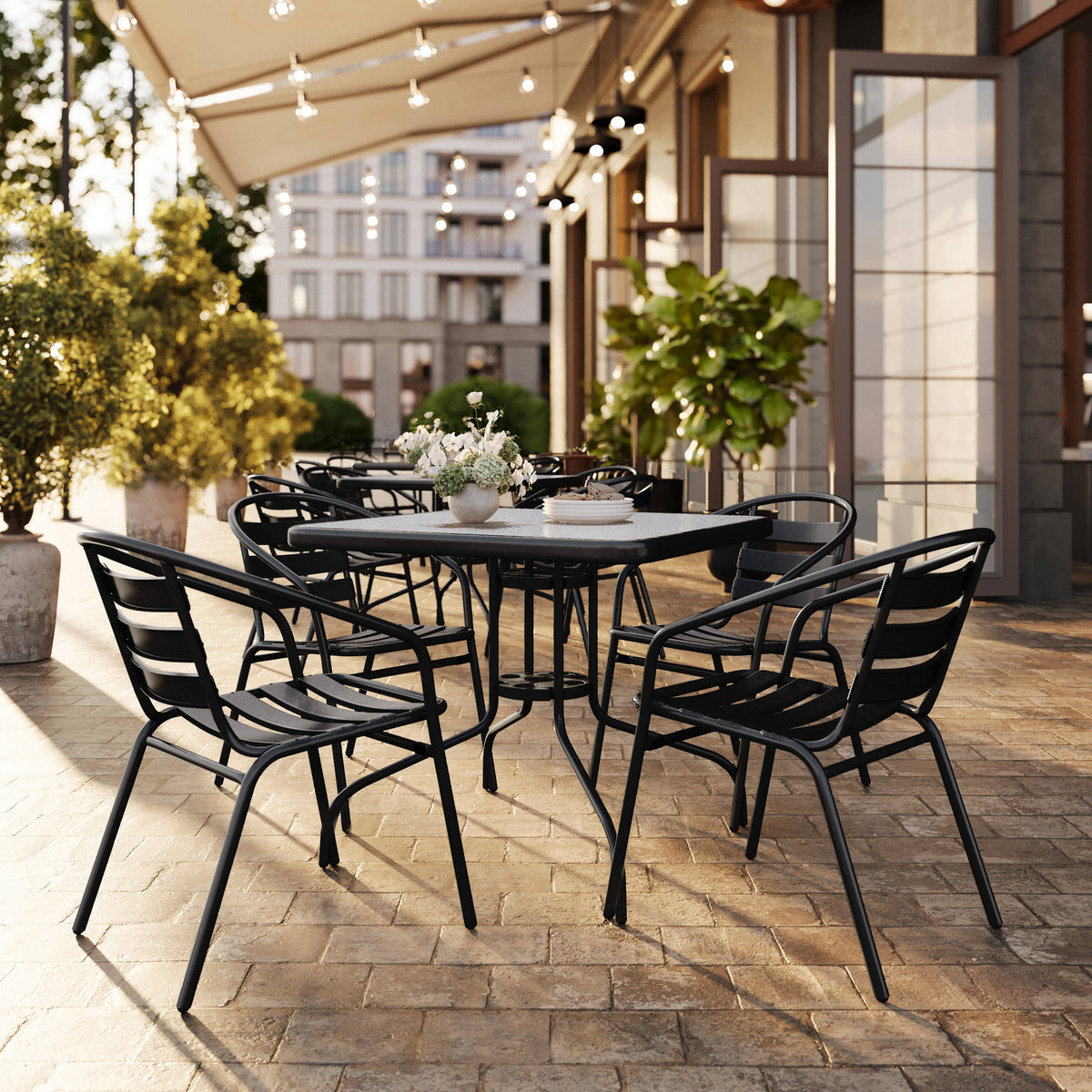 Black |#| 31.5" Square Glass Metal Table with 4 Black Metal Aluminum Slat Stack Chairs