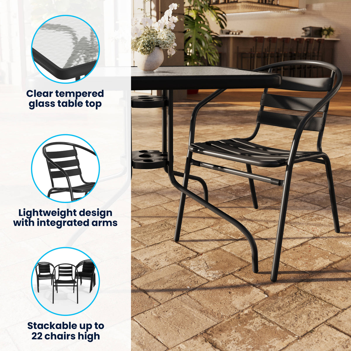 Black |#| 31.5" Square Glass Metal Table with 4 Black Metal Aluminum Slat Stack Chairs