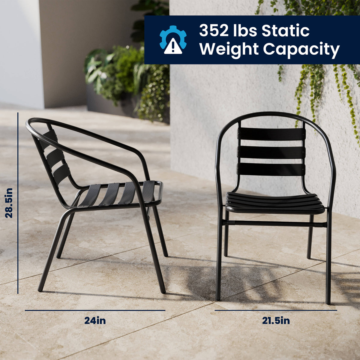 Black |#| 31.5" Square Glass Metal Table with 4 Black Metal Aluminum Slat Stack Chairs