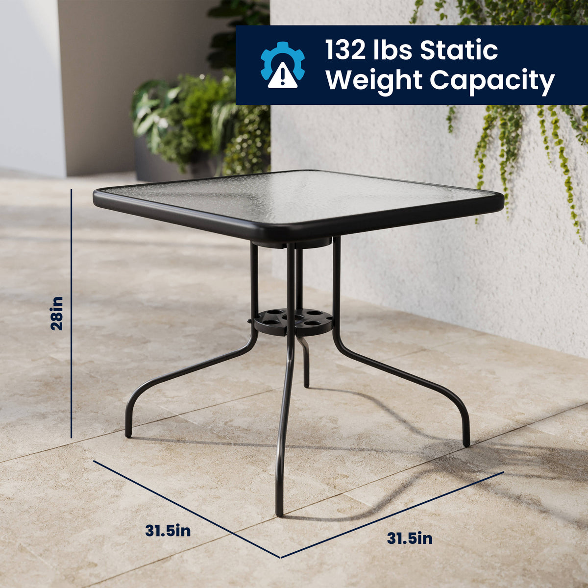 Black |#| 31.5" Square Glass Metal Table with 4 Black Metal Aluminum Slat Stack Chairs
