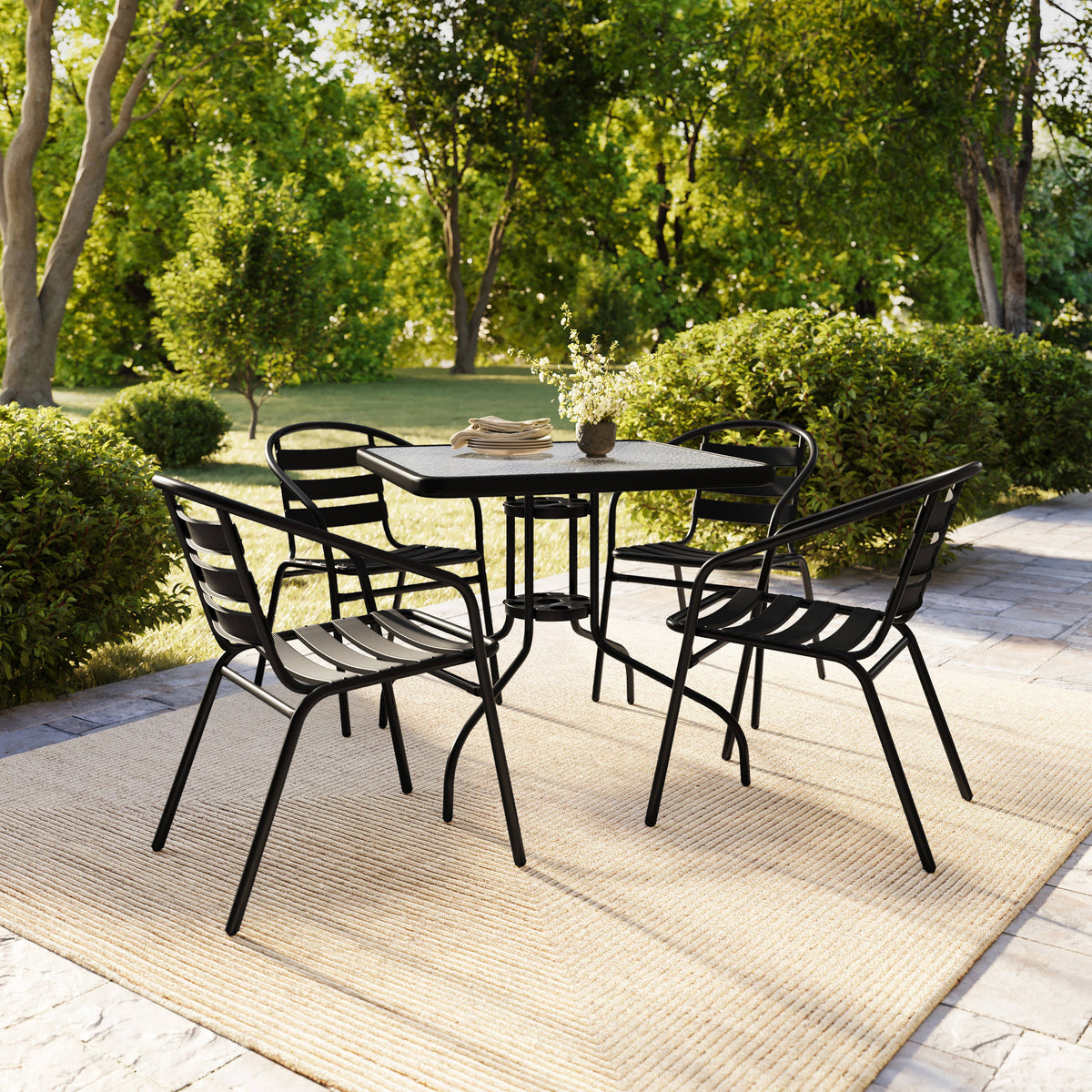 Black |#| 31.5" Square Glass Metal Table with 4 Black Metal Aluminum Slat Stack Chairs