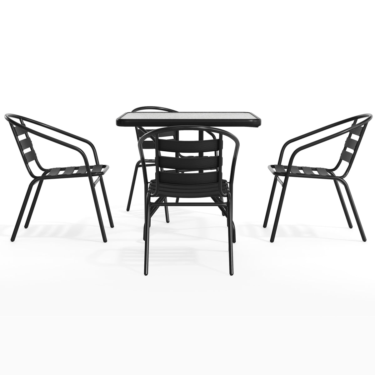 Black |#| 31.5" Square Glass Metal Table with 4 Black Metal Aluminum Slat Stack Chairs