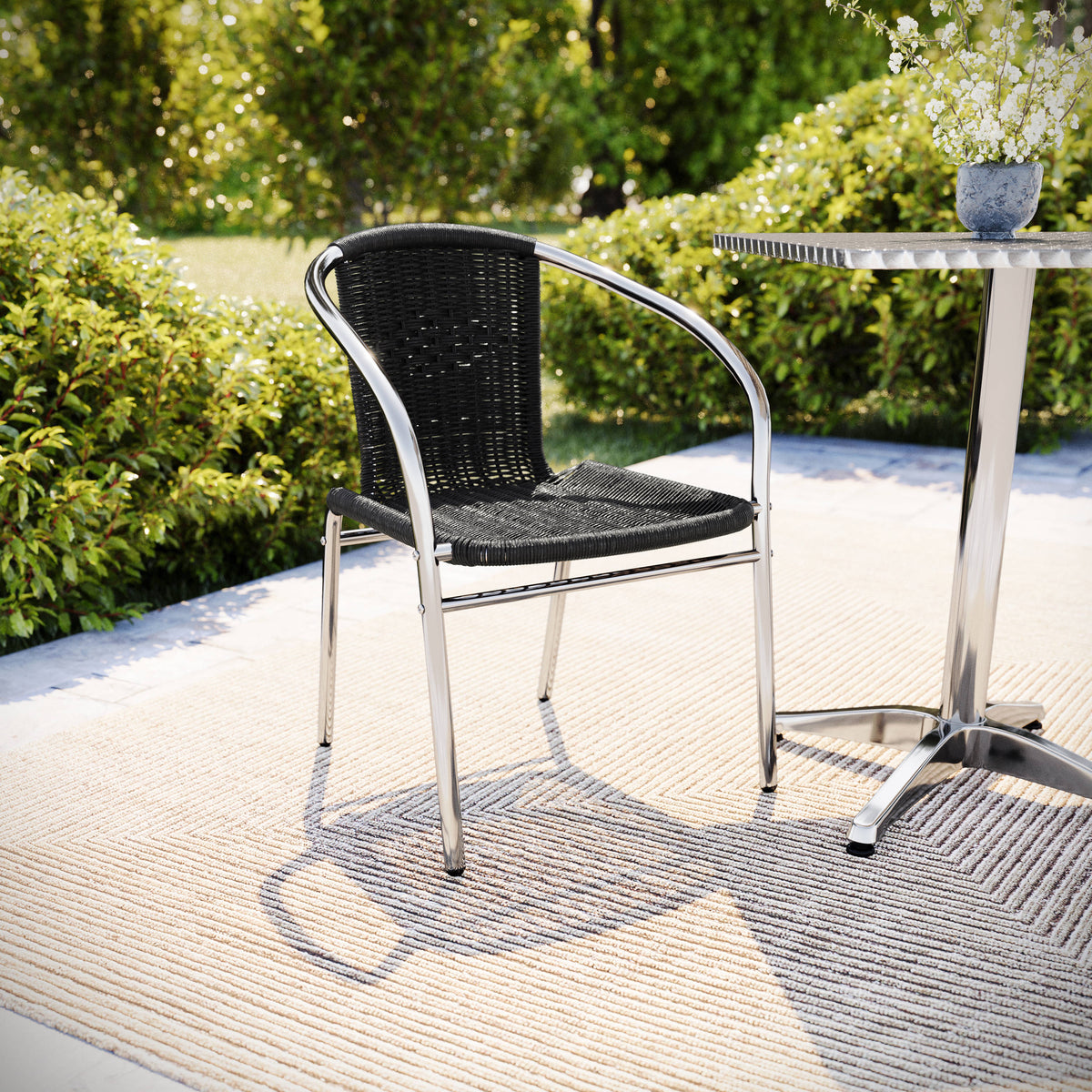 Aluminum and Black |#| Commercial Aluminum and Black Rattan Indoor-Outdoor Restaurant Stack Chair
