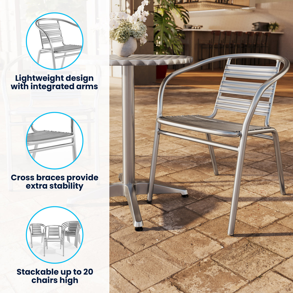 Heavy Duty Commercial Aluminum Indoor-Outdoor Slat-Back Restaurant Stack Chair