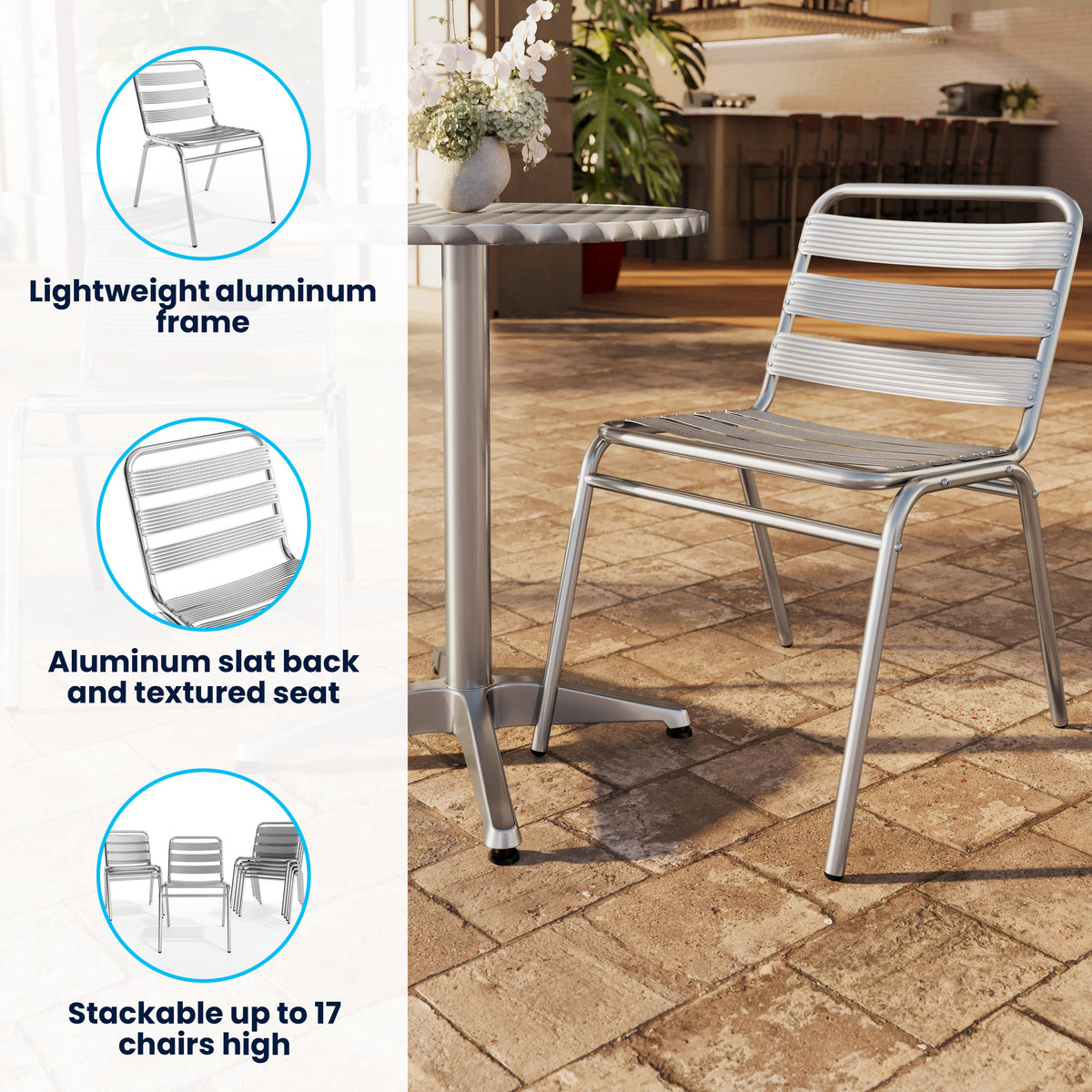 Aluminum |#| Commercial Metal Indoor-Outdoor Restaurant Stack Chair with Triple Slat Back