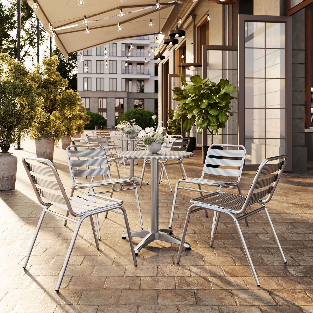 Aluminum |#| Commercial Metal Indoor-Outdoor Restaurant Stack Chair with Triple Slat Back