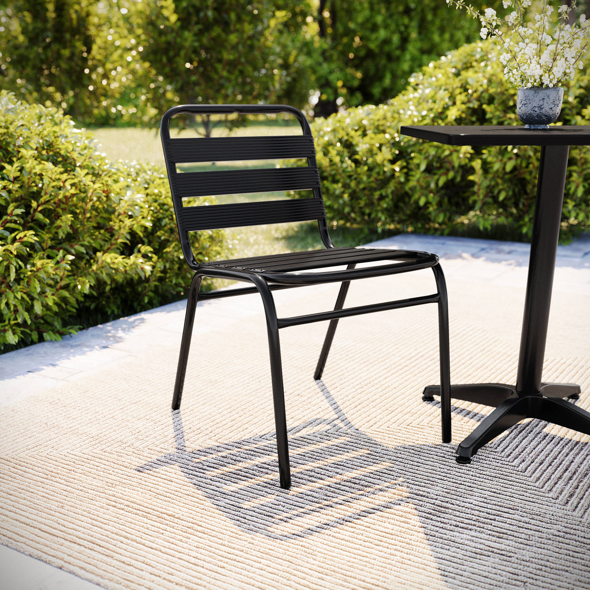 Black |#| Commercial Black Indoor-Outdoor Restaurant Stack Chair with Triple Slat Back