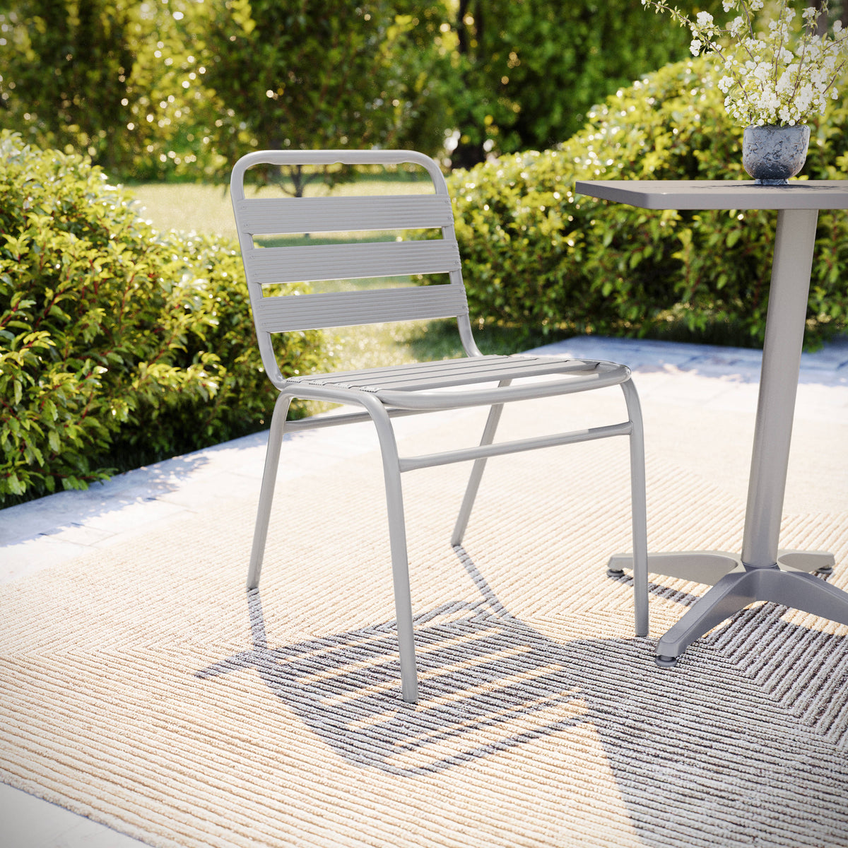 Silver |#| Commercial Silver Indoor-Outdoor Restaurant Stack Chair with Triple Slat Back