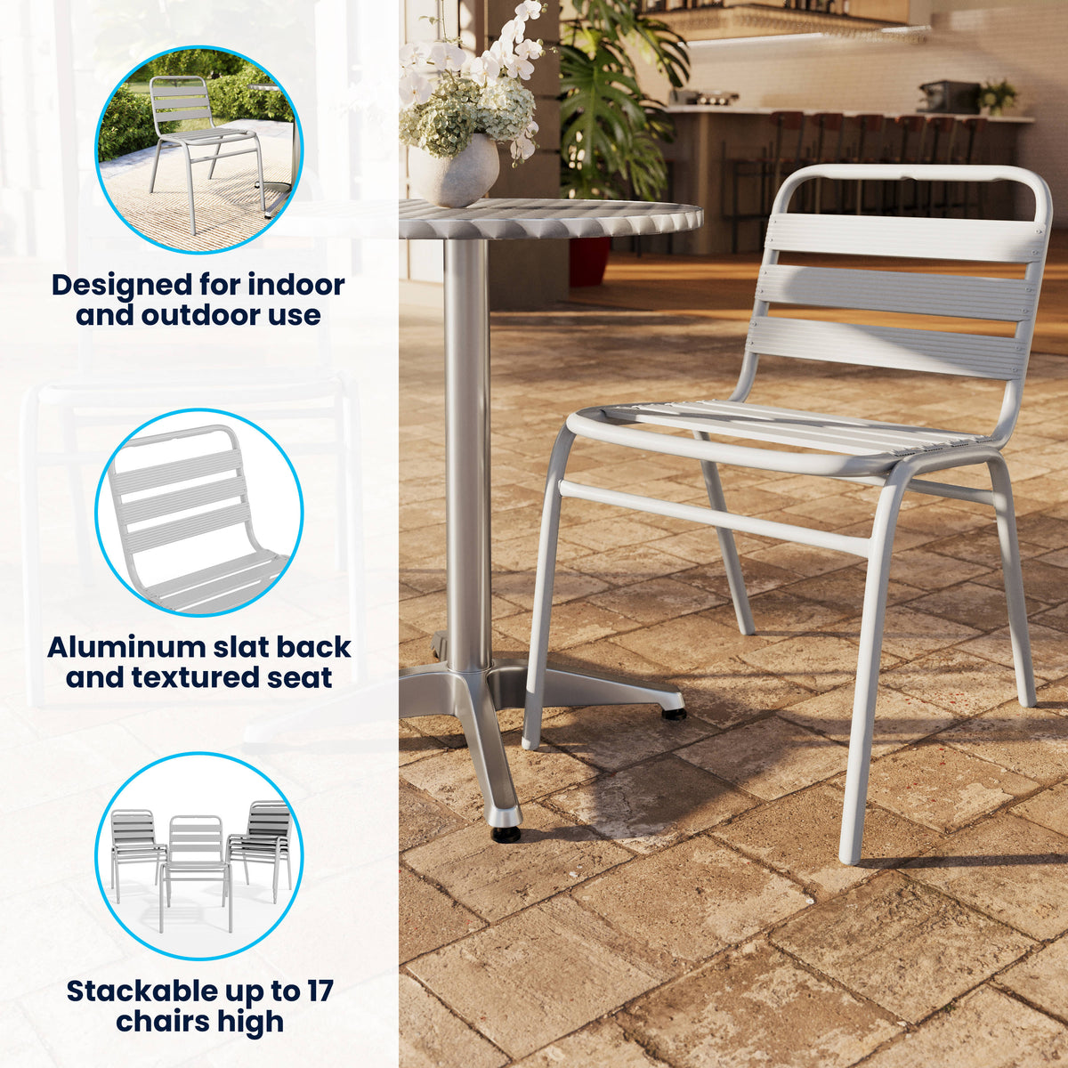 Silver |#| Commercial Silver Indoor-Outdoor Restaurant Stack Chair with Triple Slat Back