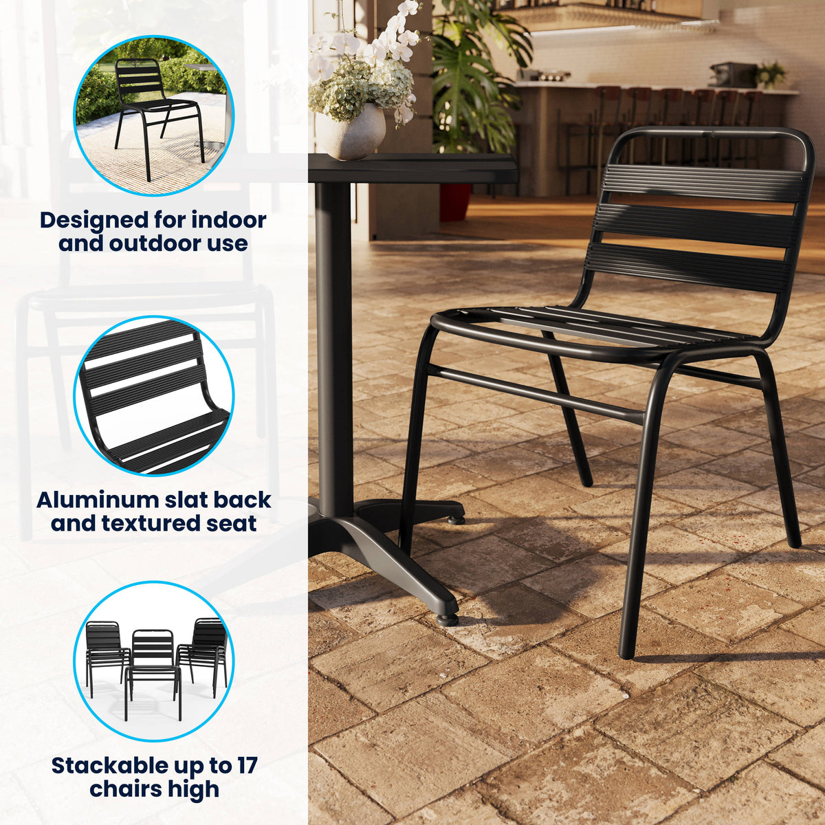 Black |#| Commercial Black Indoor-Outdoor Restaurant Stack Chair with Triple Slat Back