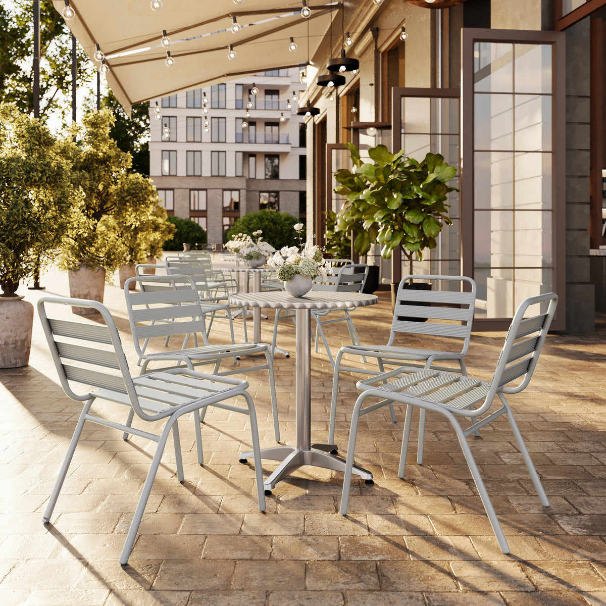 Silver |#| Commercial Silver Indoor-Outdoor Restaurant Stack Chair with Triple Slat Back