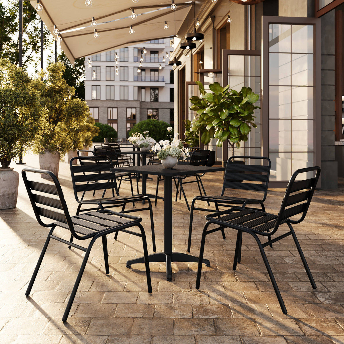 Black |#| Commercial Black Indoor-Outdoor Restaurant Stack Chair with Triple Slat Back