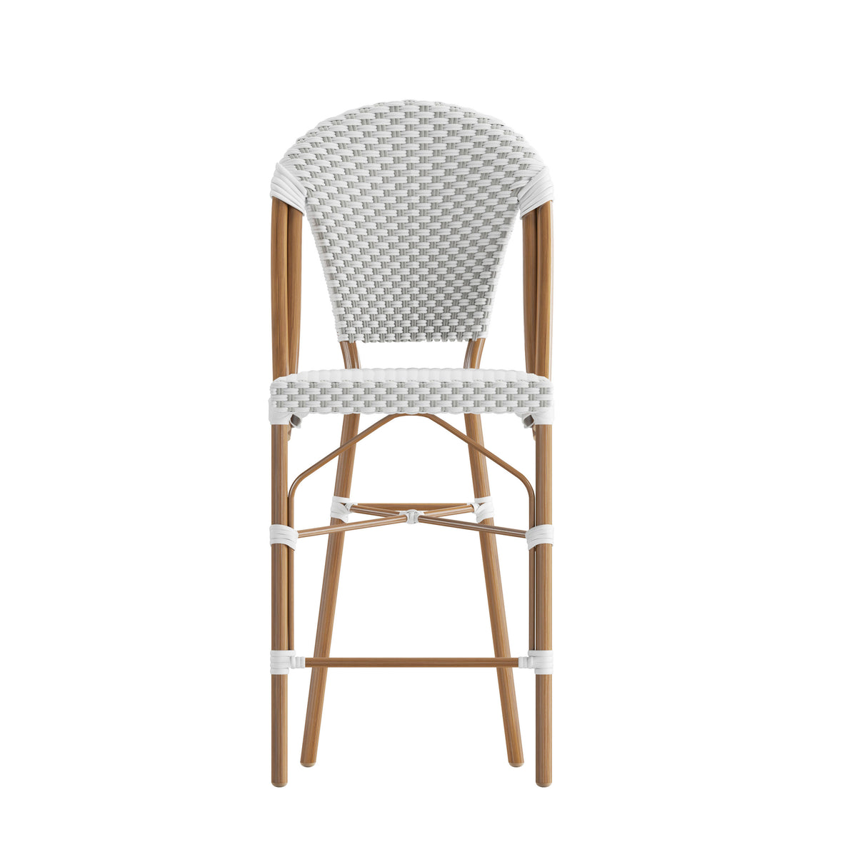 White & Gray/Natural Frame |#| All-Weather Commercial Paris 26" Stool with Bamboo Print Metal Frame-White/Gray