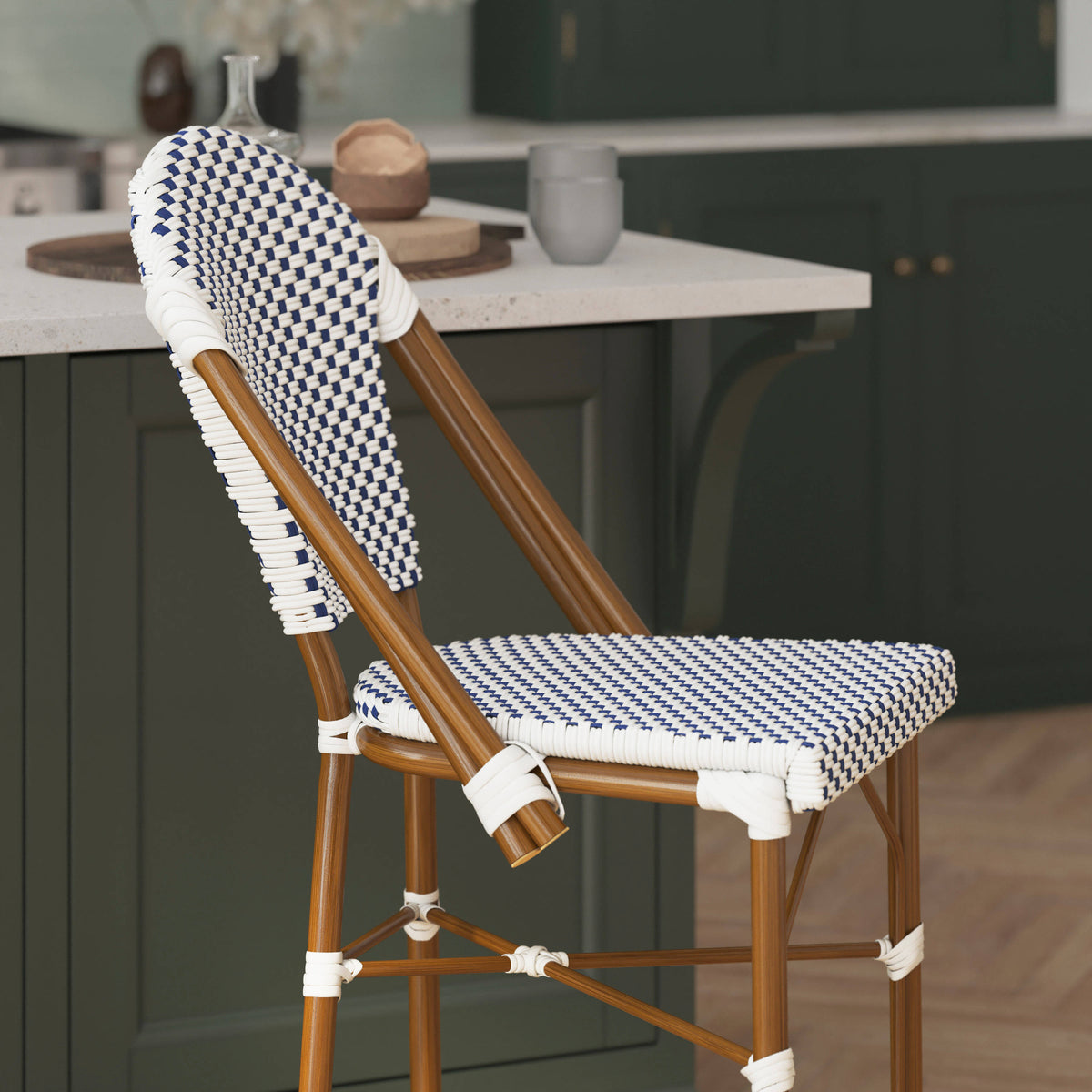 White & Navy/Natural Frame |#| All-Weather Commercial Paris Chair with Bamboo Print Metal Frame-White/Navy