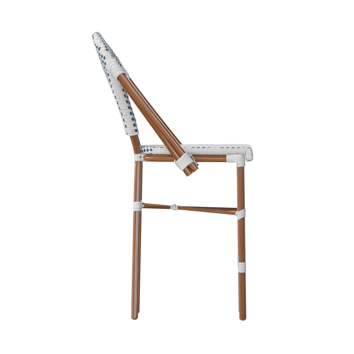 White & Navy/Natural Frame |#| All-Weather Commercial Paris Chair with Bamboo Print Metal Frame-White/Navy