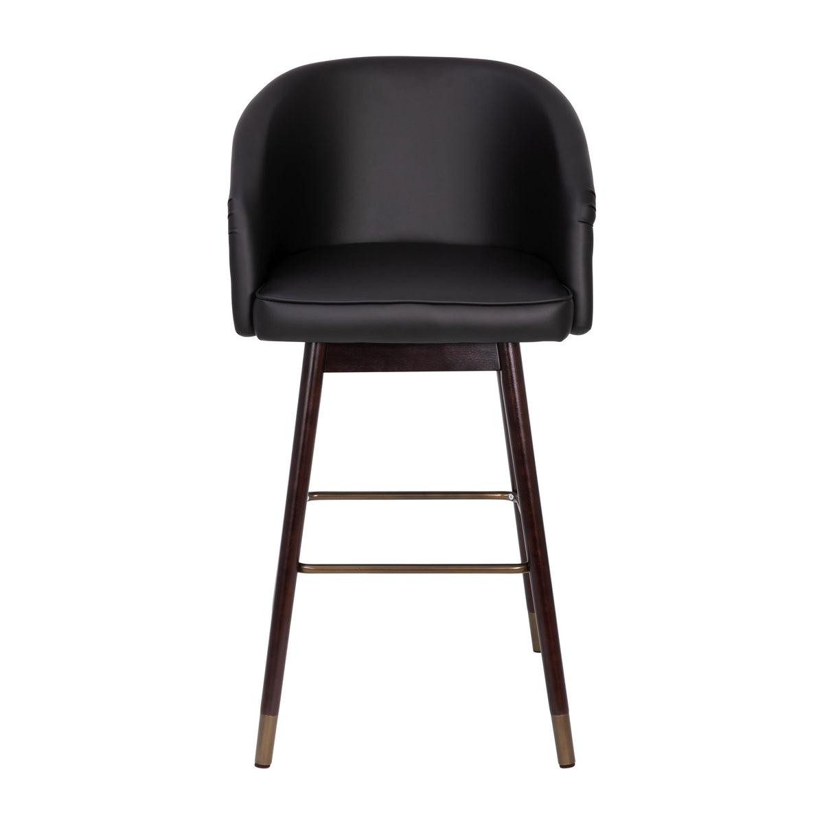 Black |#| Commercial 30" Mid-Back Barstool with Wooden Legs - Black LeatherSoft/Walnut