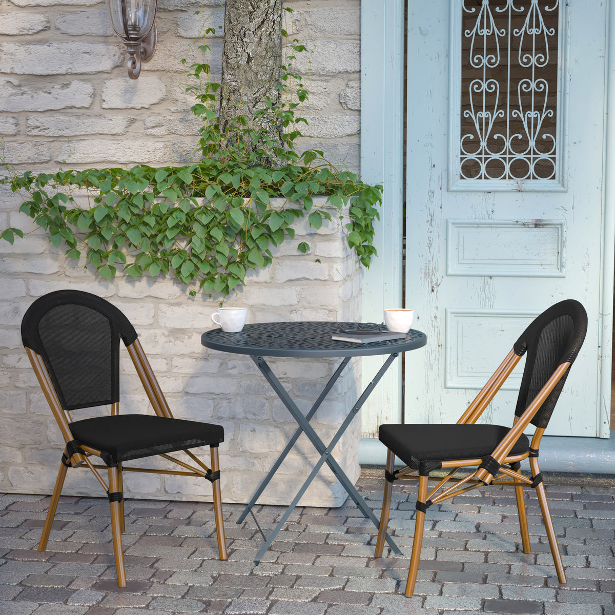 Black/Natural Frame |#| All-Weather Commercial Paris Chair with Natural Aluminum Frame-Black