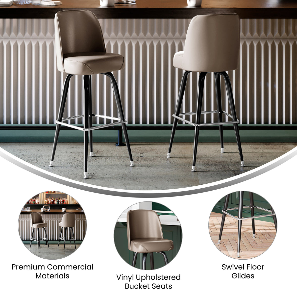 Beige |#| Metal Bar Stool with Swivel Vinyl Bucket Seat and Footrest in Beige