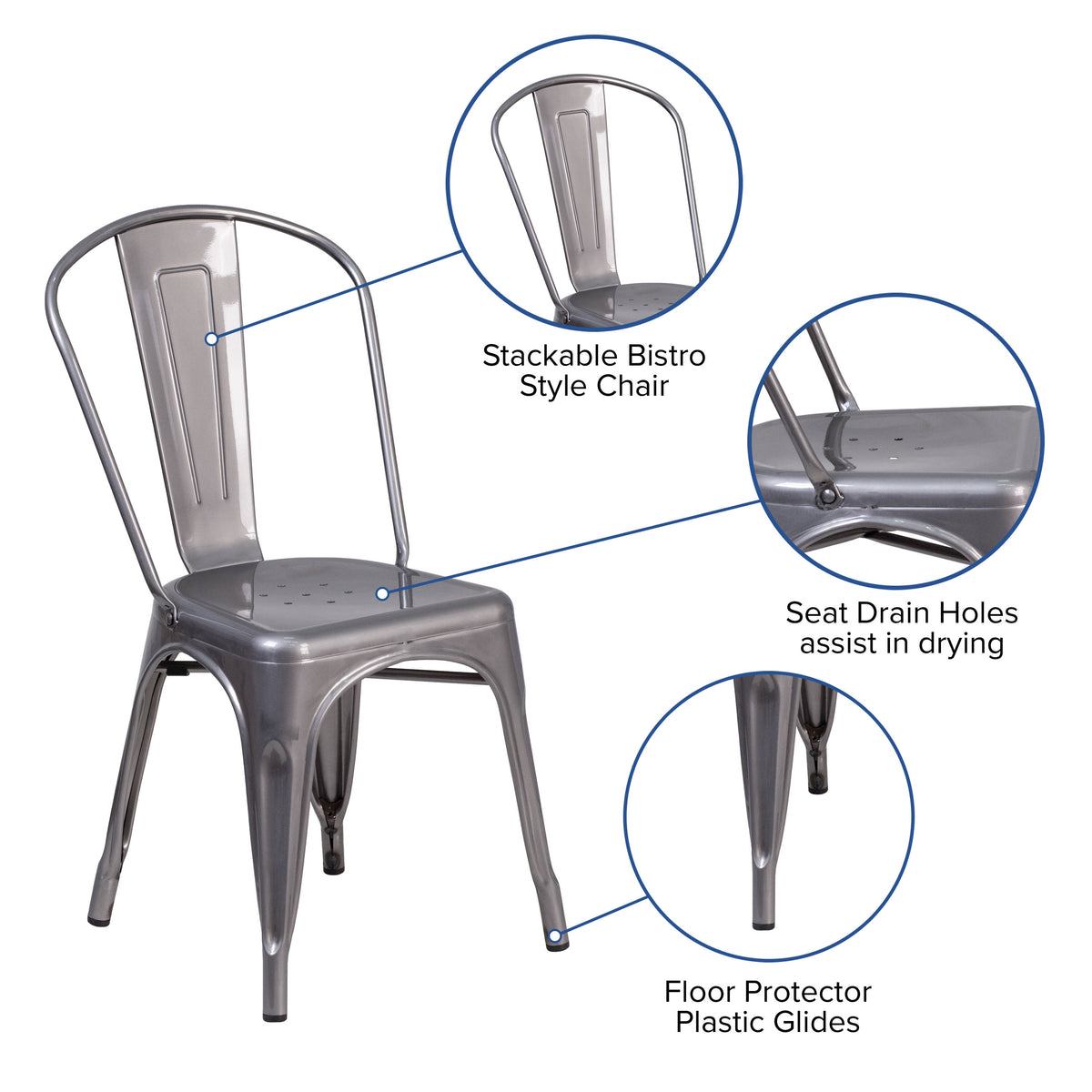 Silver Antique Clear Coat Metal Indoor Stackable Chair