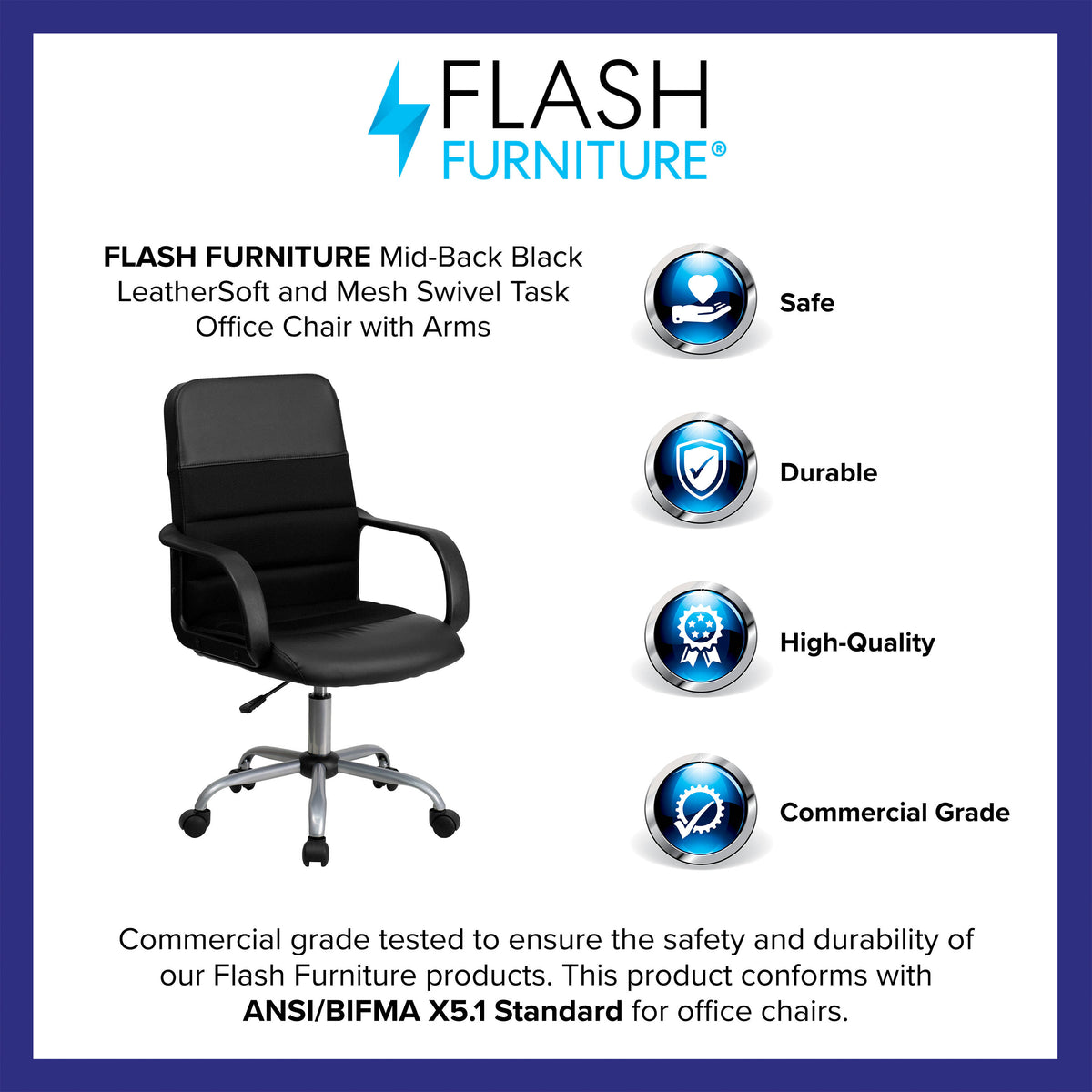 Mid-Back Black LeatherSoft and Mesh Swivel Task Office Chair with Arms