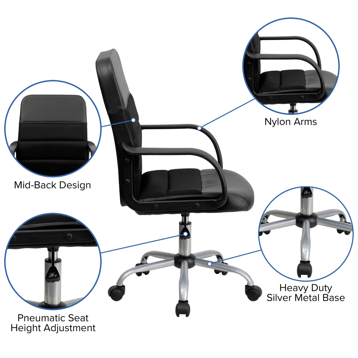 Mid-Back Black LeatherSoft and Mesh Swivel Task Office Chair with Arms