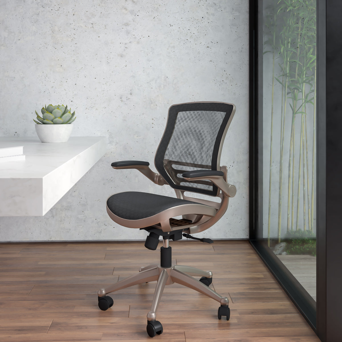 Black Mesh/Gold Frame |#| Black Mid-Back Mesh Executive Office Chair with Gold Frame and Flip-Up Arms