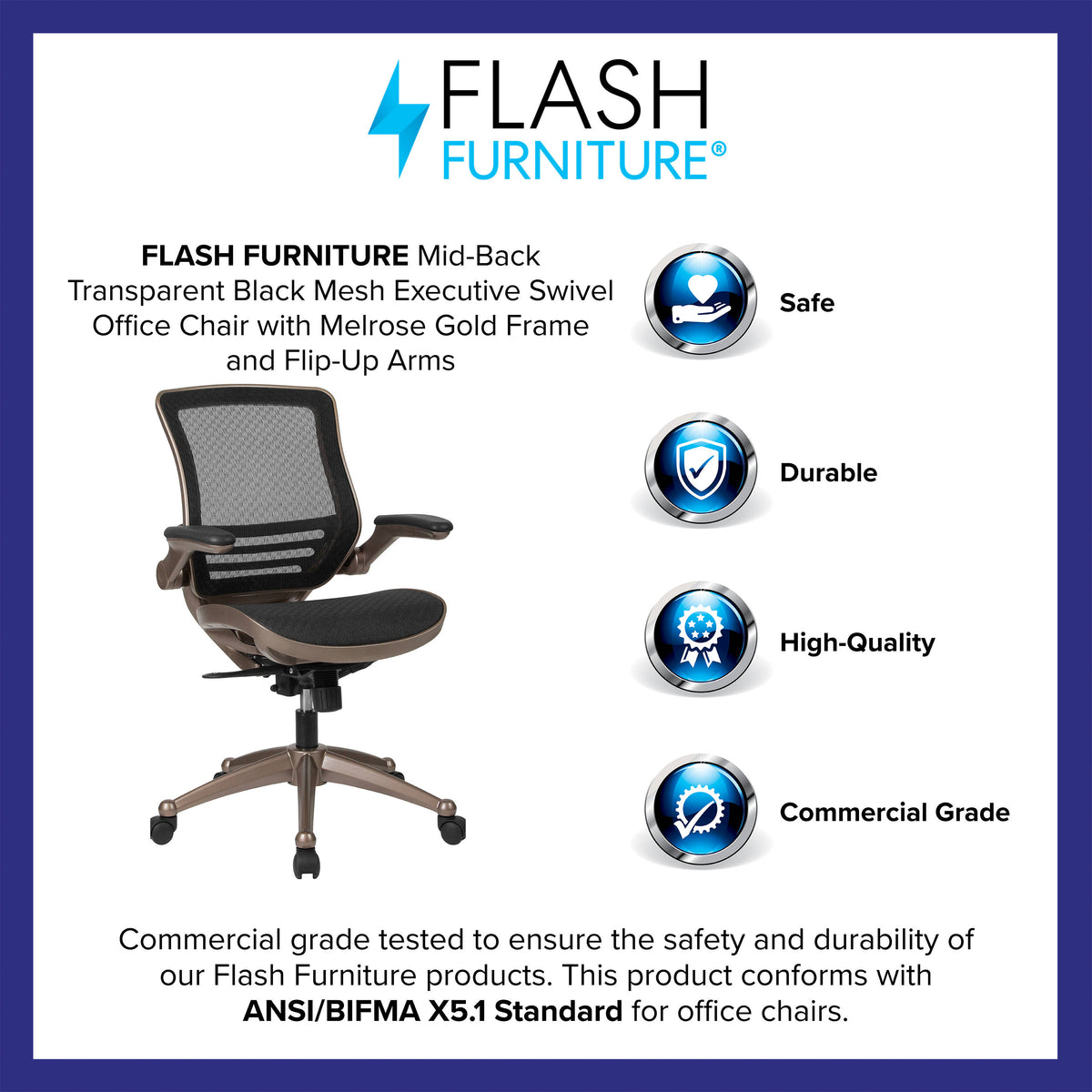 Black Mesh/Gold Frame |#| Black Mid-Back Mesh Executive Office Chair with Gold Frame and Flip-Up Arms