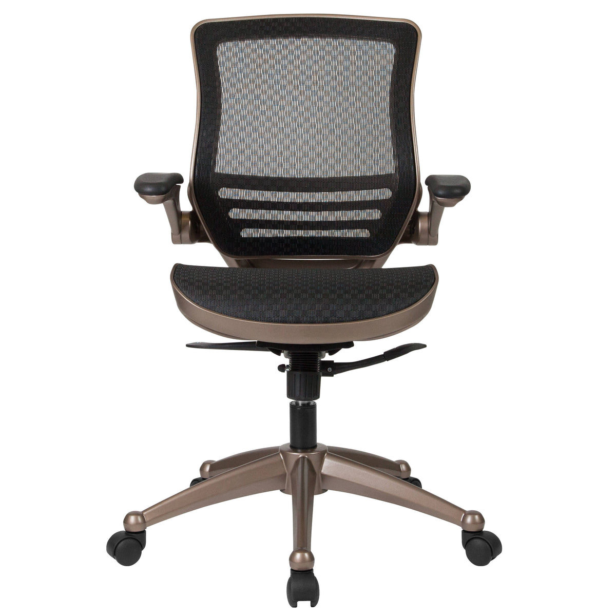 Black Mesh/Gold Frame |#| Black Mid-Back Mesh Executive Office Chair with Gold Frame and Flip-Up Arms