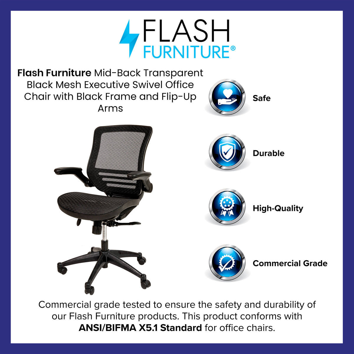 Black Mesh/Black Frame |#| Black Mid-Back Mesh Executive Office Chair with Black Frame and Flip-Up Arms