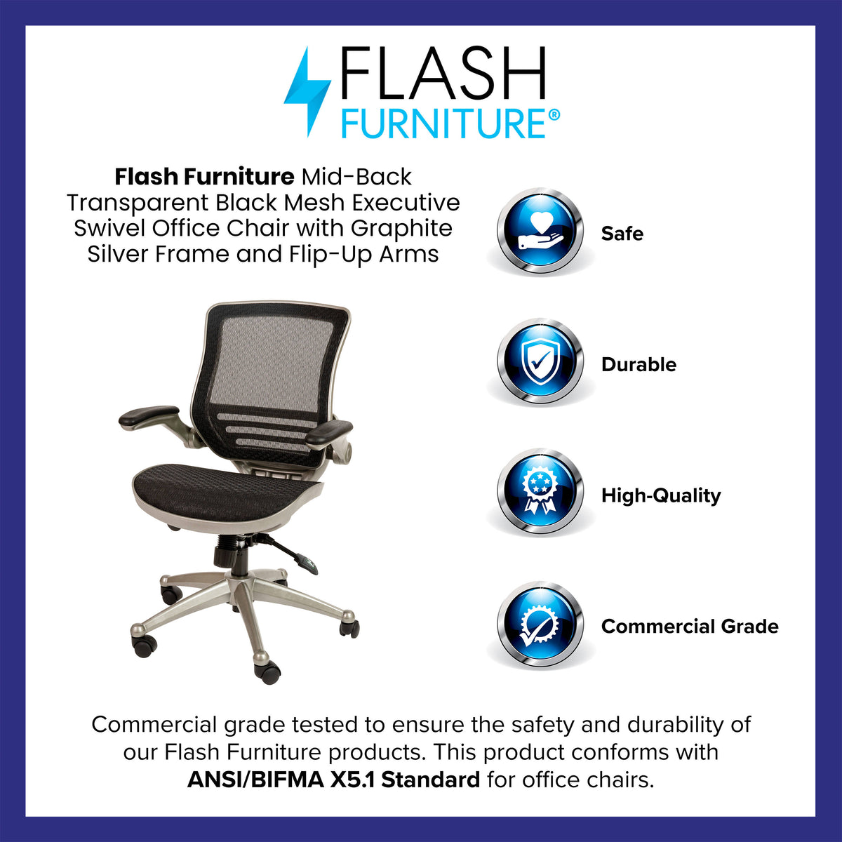 Black Mesh/Graphite Silver Frame |#| Black Mid-Back Mesh Executive Office Chair with Graphite Frame and Flip-Up Arms