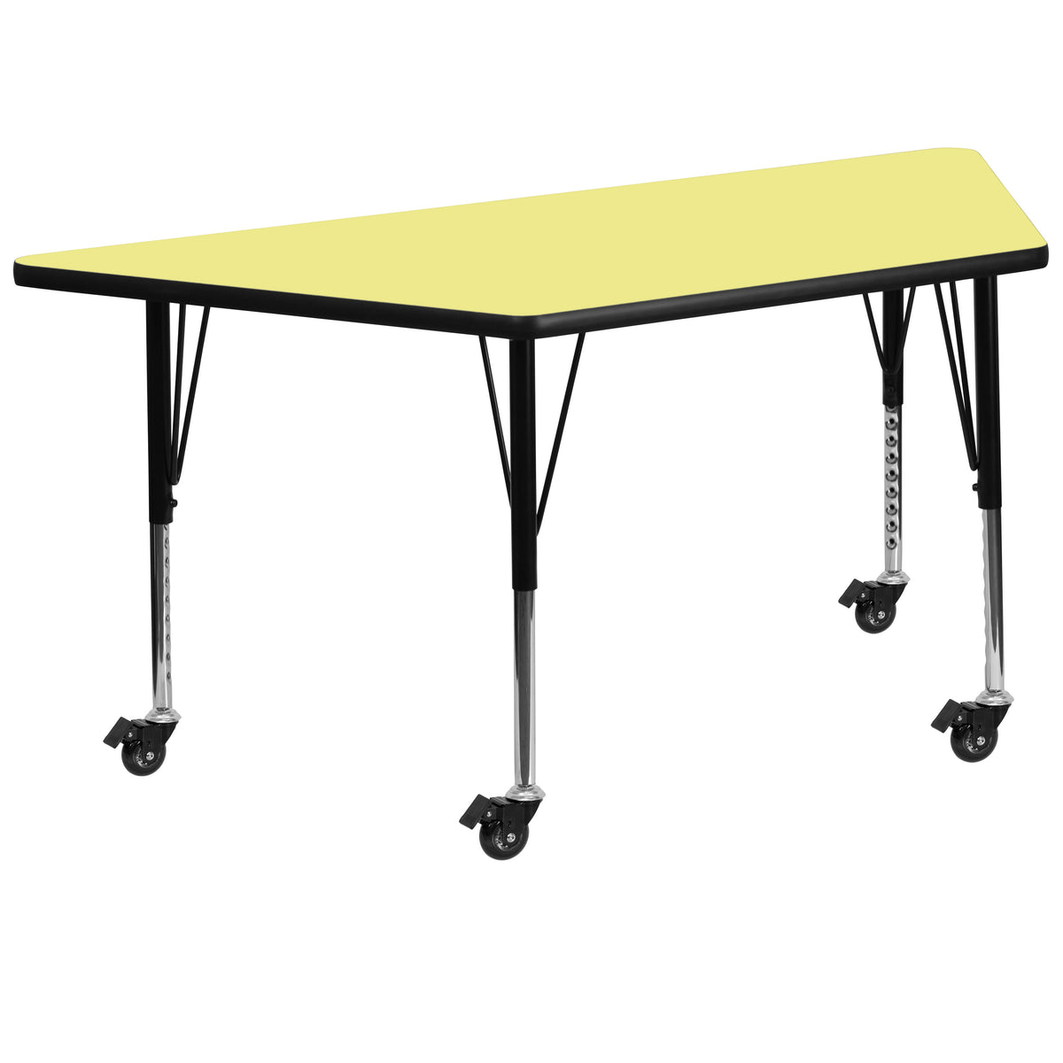 Yellow Top/Black Frame |#| Mobile 29"W x 57"L Trapezoid Yellow Laminate Adjustable Activity Table