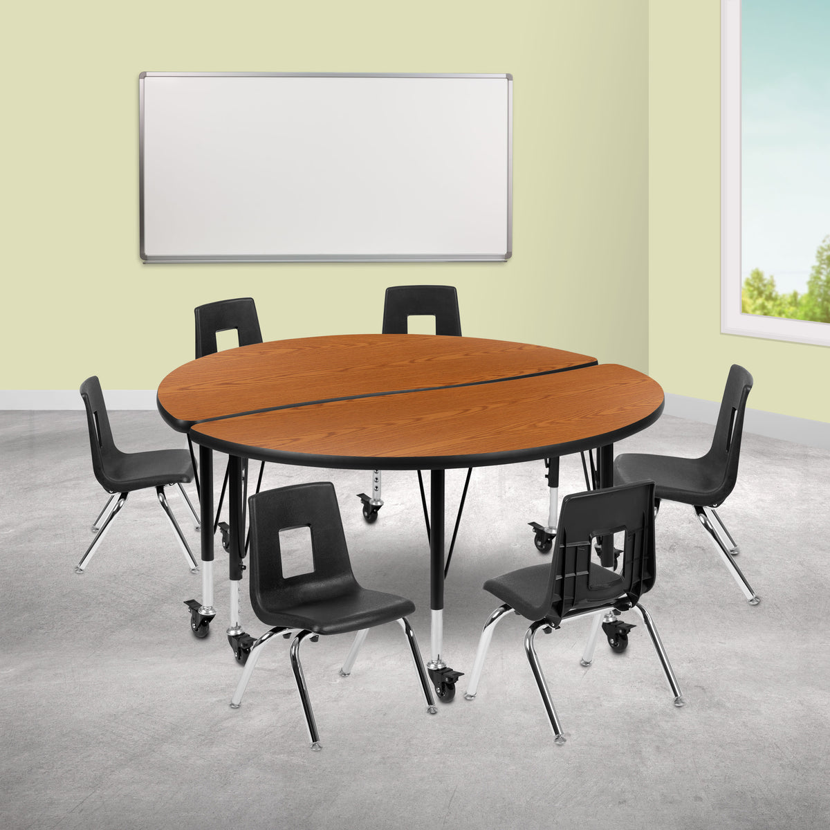 Oak Top/Black Frame |#| Mobile 47.5" Circle Wave Activity Table Set-12" Student Stack Chairs, Oak/Black