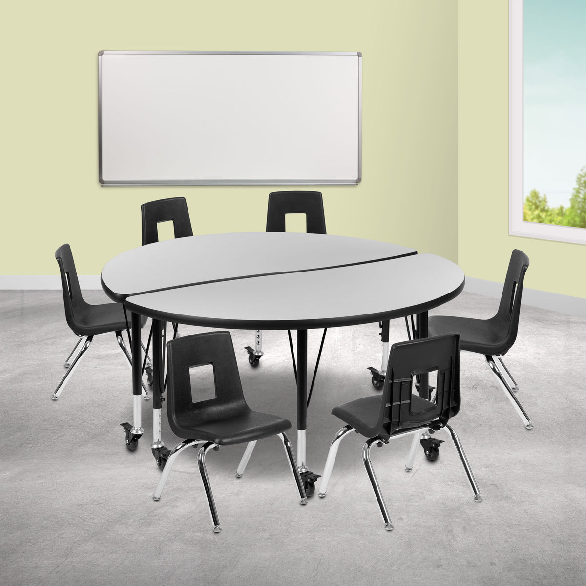 Grey Top/Black Frame |#| Mobile 47.5" Circle Wave Activity Table Set-14" Student Stack Chairs, Grey/Black