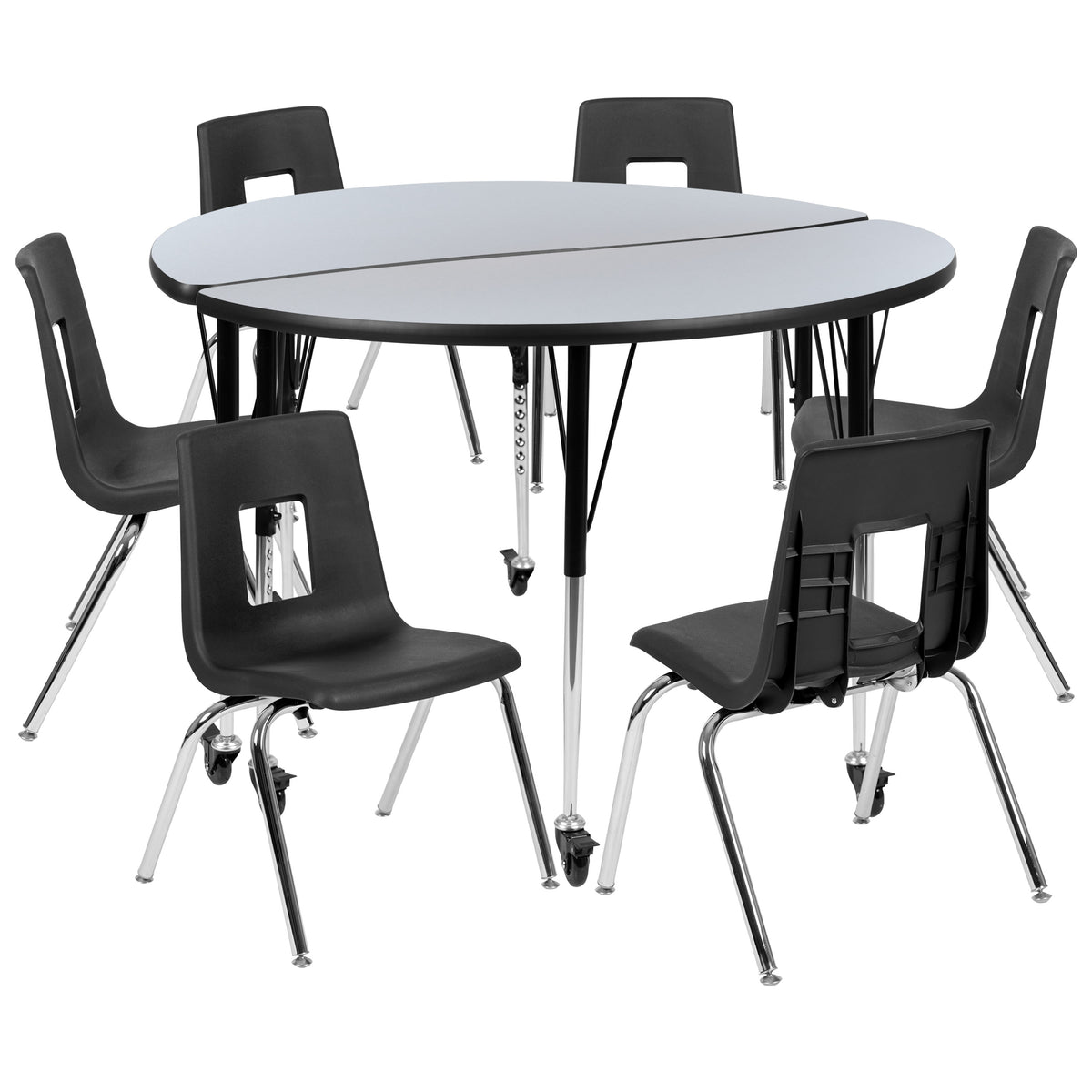 Grey Top/Black Frame |#| Mobile 47.5" Circle Wave Activity Table Set-18" Student Stack Chairs, Grey/Black