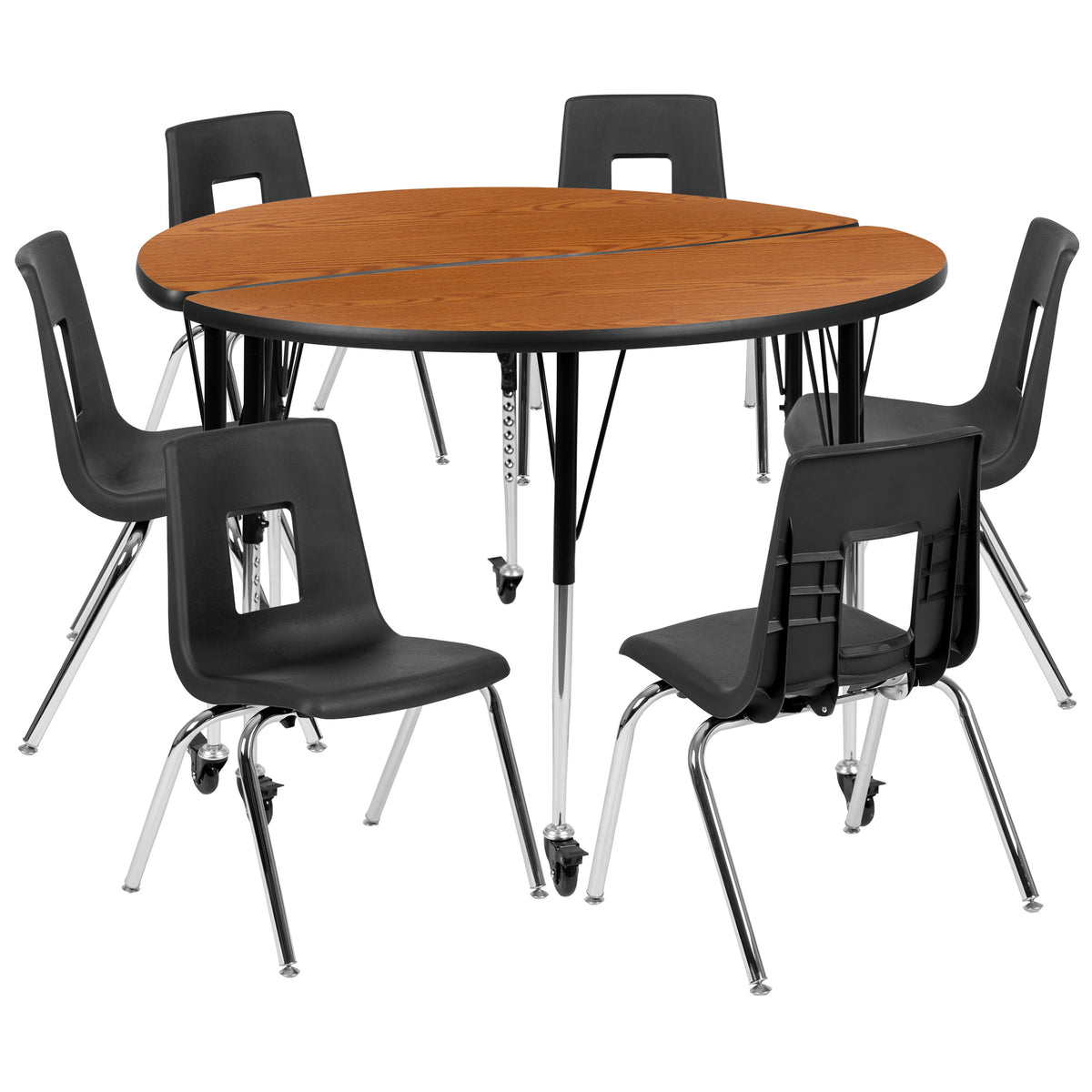 Oak Top/Black Frame |#| Mobile 47.5" Circle Wave Activity Table Set-18" Student Stack Chairs, Oak/Black