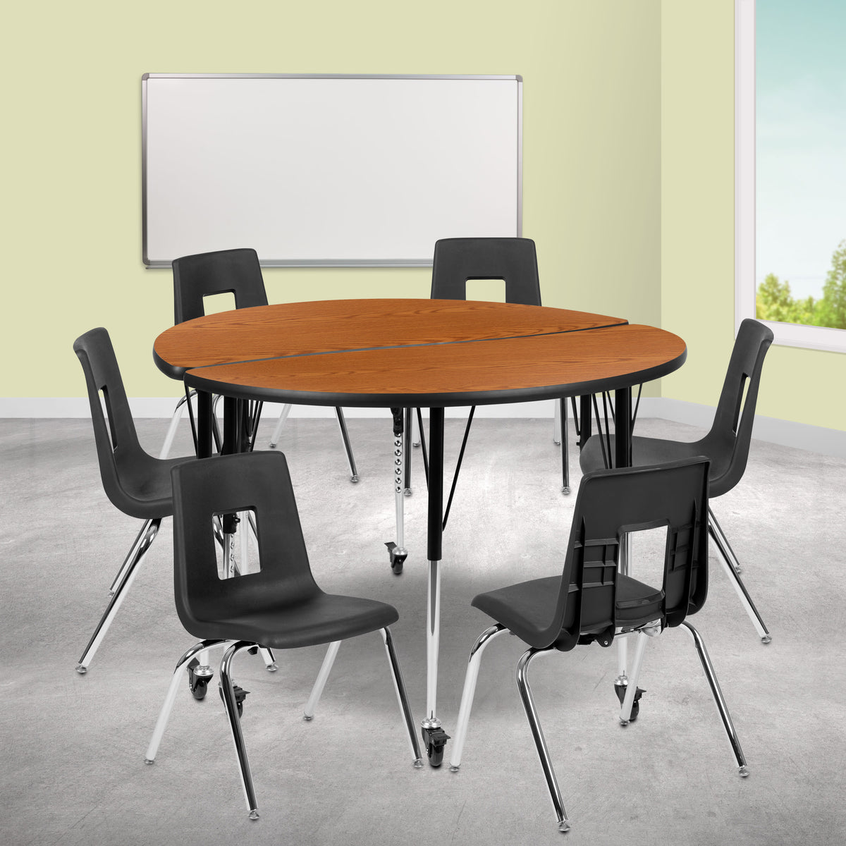 Oak Top/Black Frame |#| Mobile 47.5" Circle Wave Activity Table Set-18" Student Stack Chairs, Oak/Black