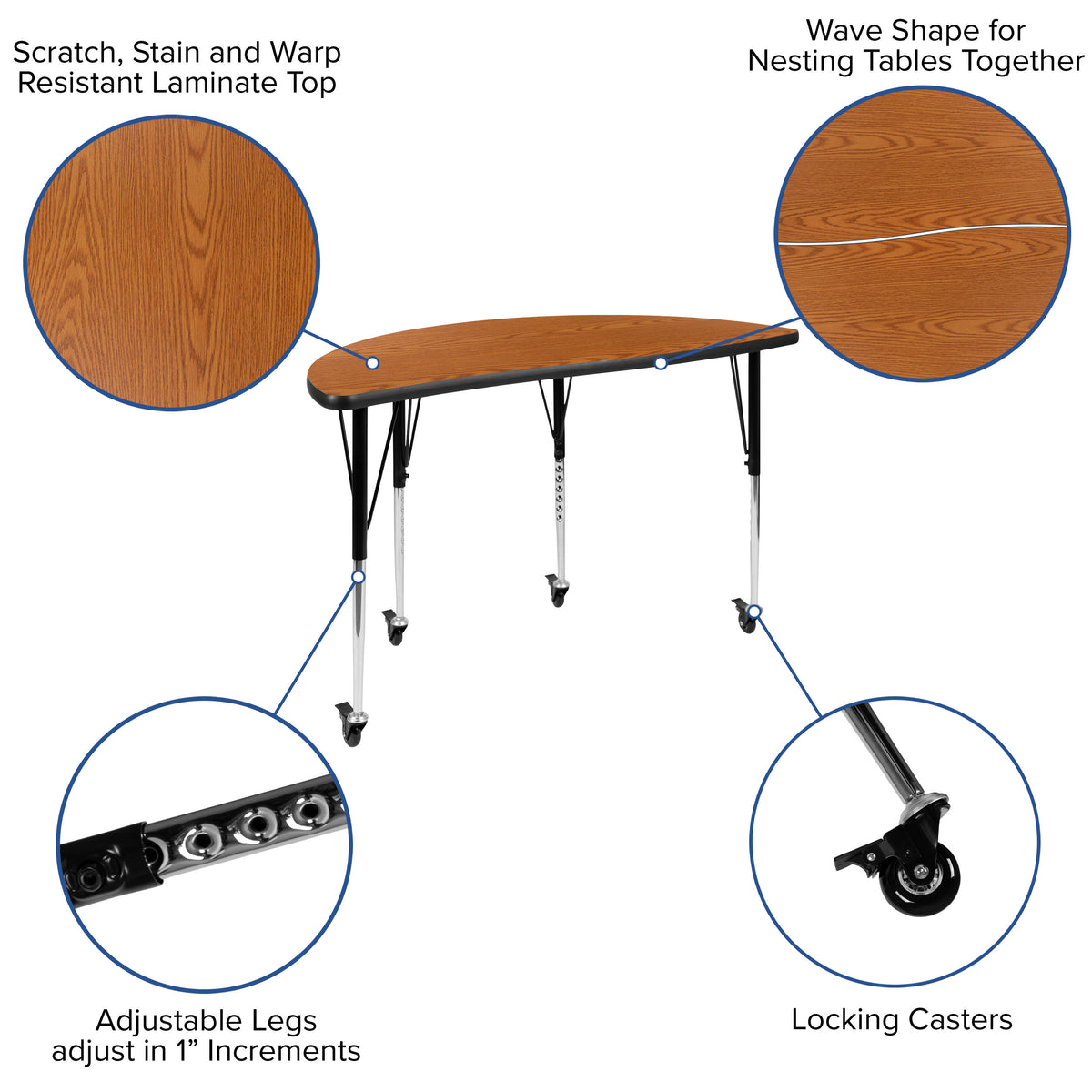 Oak Top/Black Frame |#| Mobile 47.5" Circle Wave Activity Table Set-18" Student Stack Chairs, Oak/Black