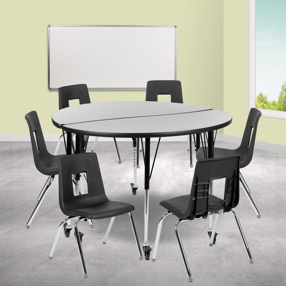Grey Top/Black Frame |#| Mobile 47.5" Circle Wave Activity Table Set-18" Student Stack Chairs, Grey/Black