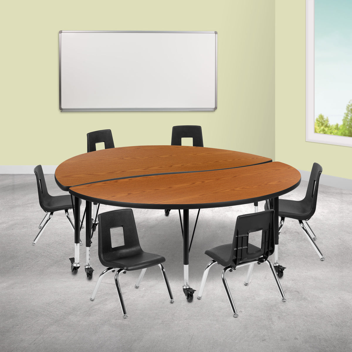 Oak Top/Black Frame |#| Mobile 60" Circle Wave Activity Table Set-12" Student Stack Chairs, Oak/Black