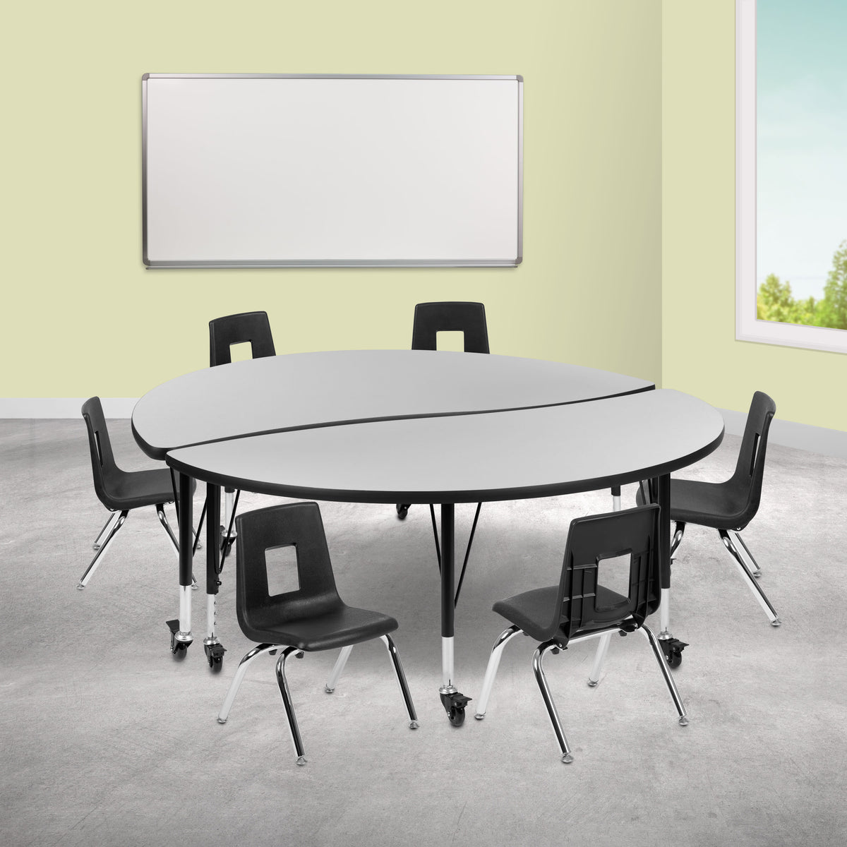 Grey Top/Black Frame |#| Mobile 60" Circle Wave Activity Table Set-12" Student Stack Chairs, Grey/Black