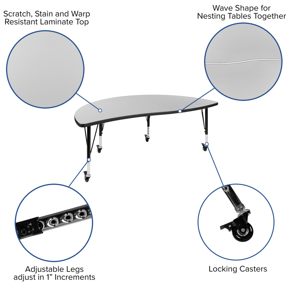 Grey Top/Black Frame |#| Mobile 60" Circle Wave Activity Table Set-12" Student Stack Chairs, Grey/Black