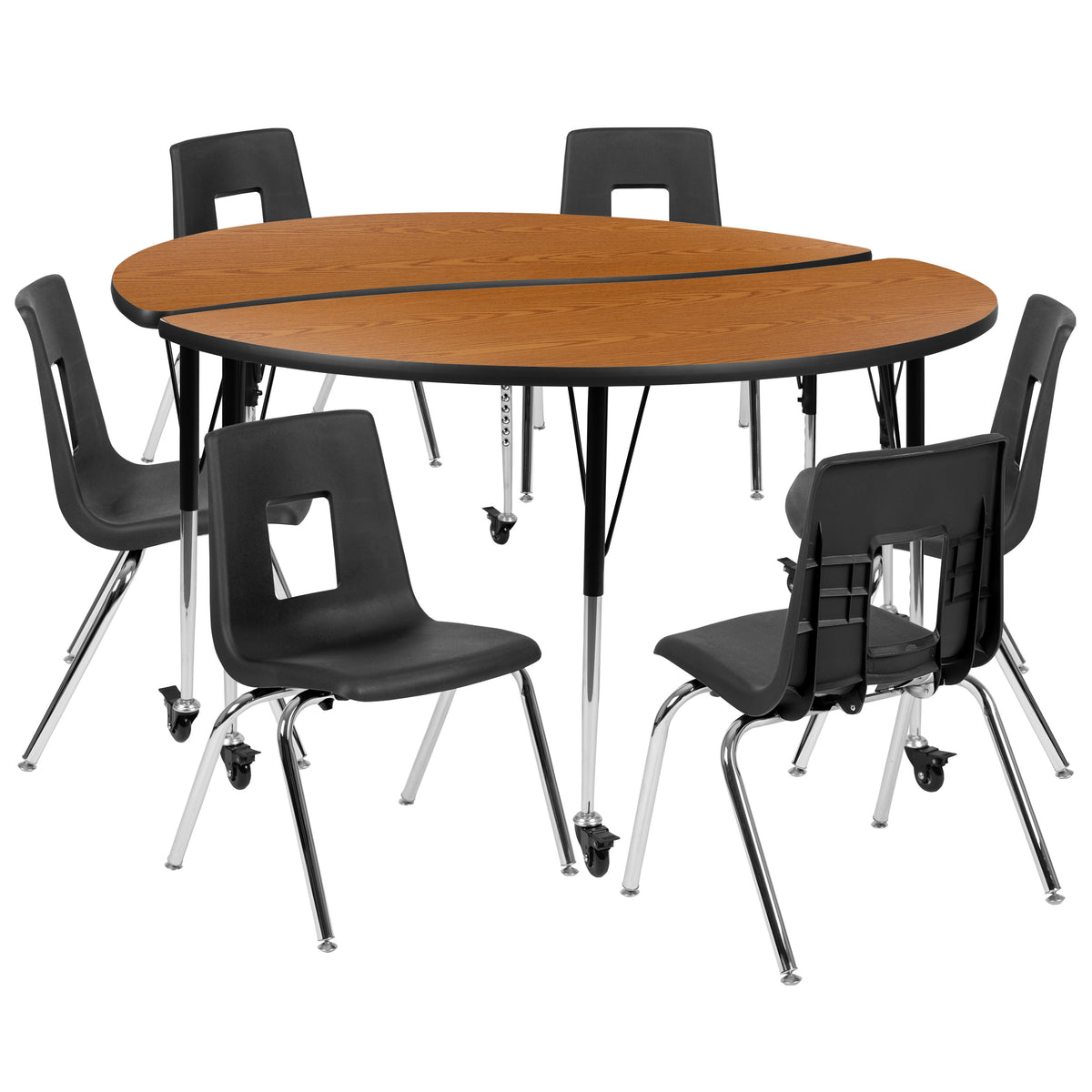 Oak Top/Black Frame |#| Mobile 60" Circle Wave Activity Table Set-18" Student Stack Chairs, Oak/Black