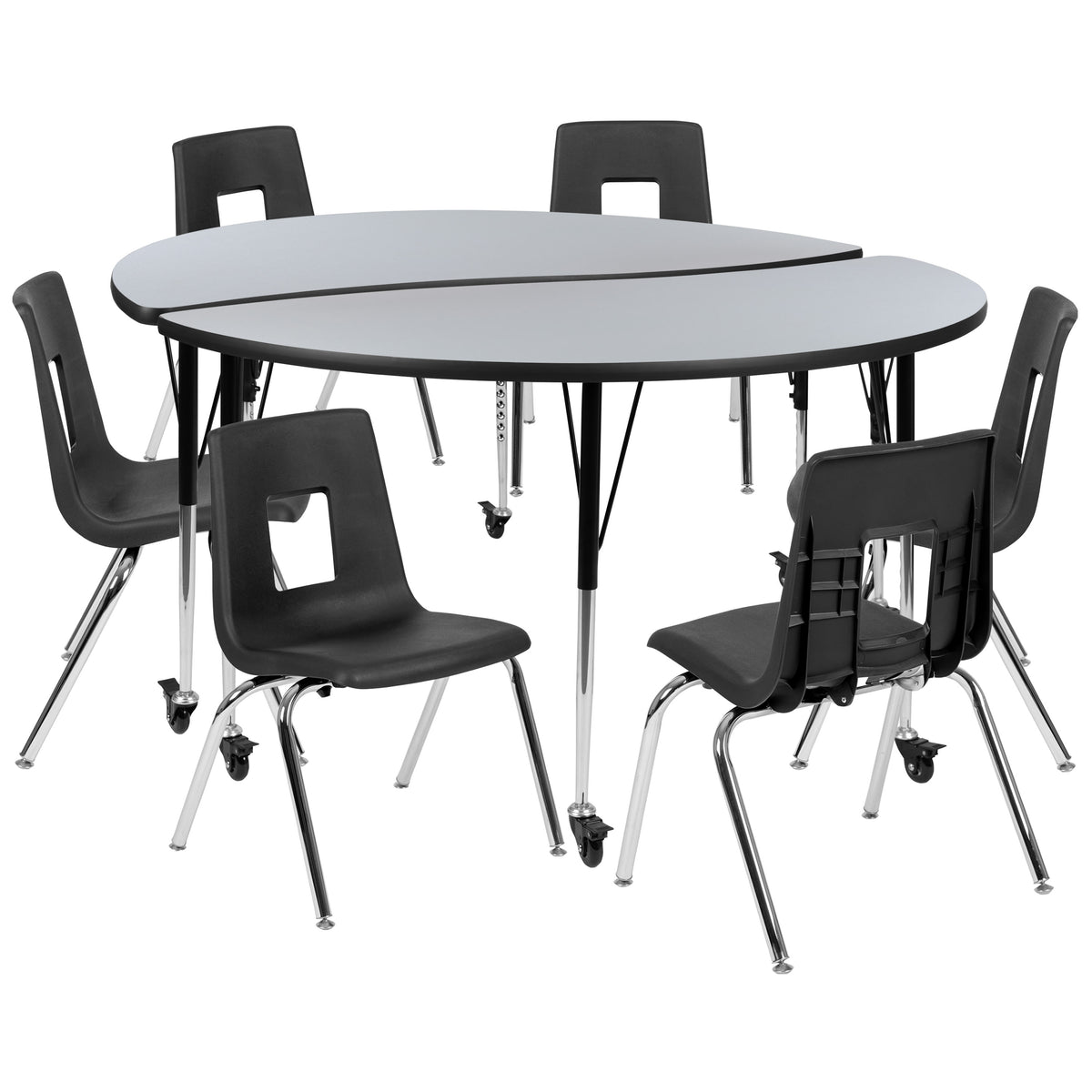 Grey Top/Black Frame |#| Mobile 60" Circle Wave Activity Table Set-18" Student Stack Chairs, Grey/Black