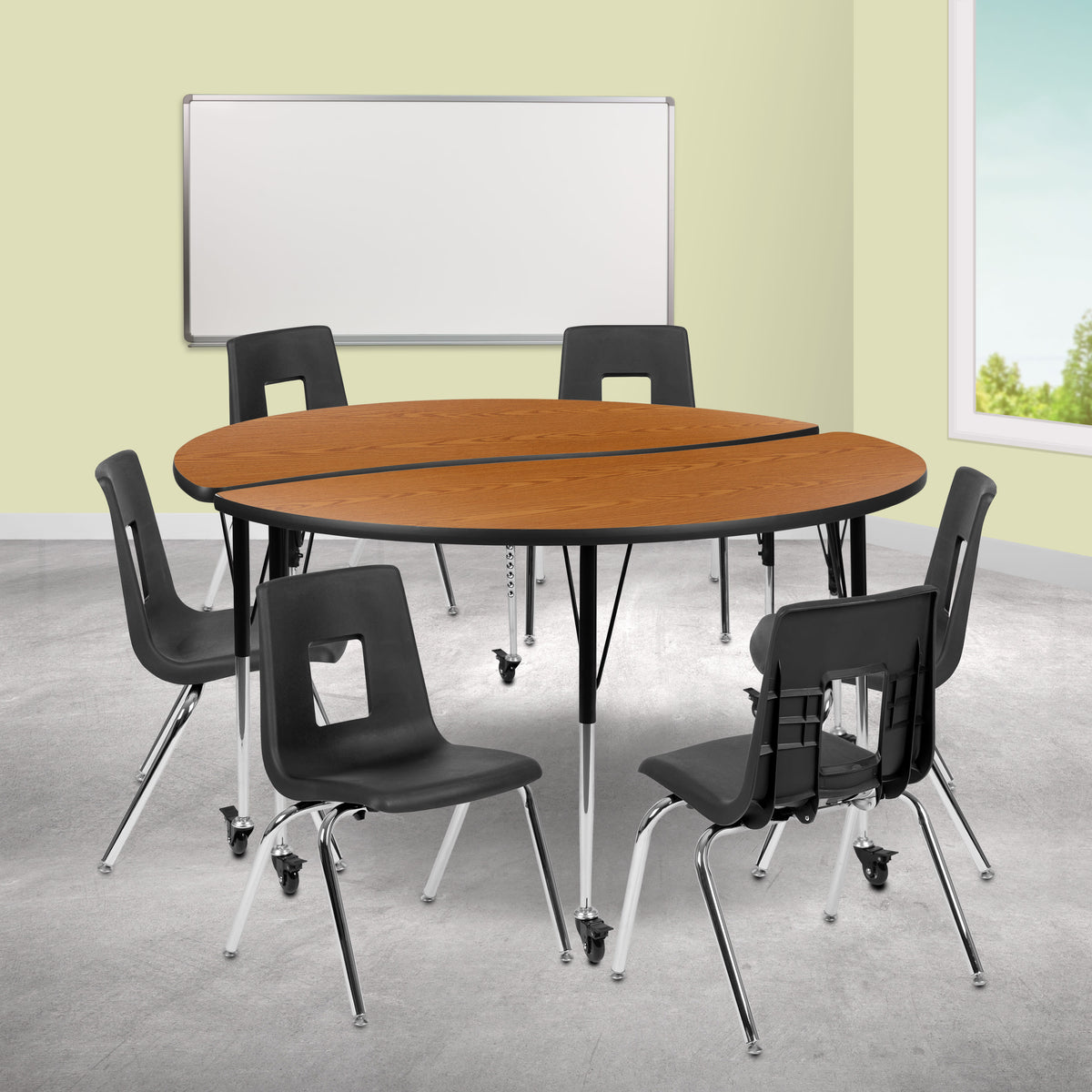 Oak Top/Black Frame |#| Mobile 60" Circle Wave Activity Table Set-18" Student Stack Chairs, Oak/Black