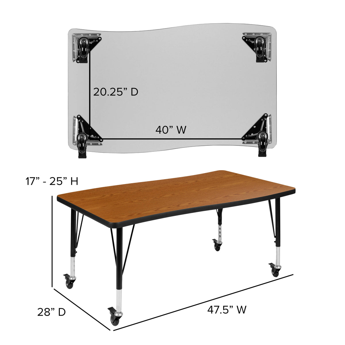 Oak Top/Black Frame |#| Mobile 76" Oval Wave Activity Table Set-12" Student Stack Chairs, Oak/Black