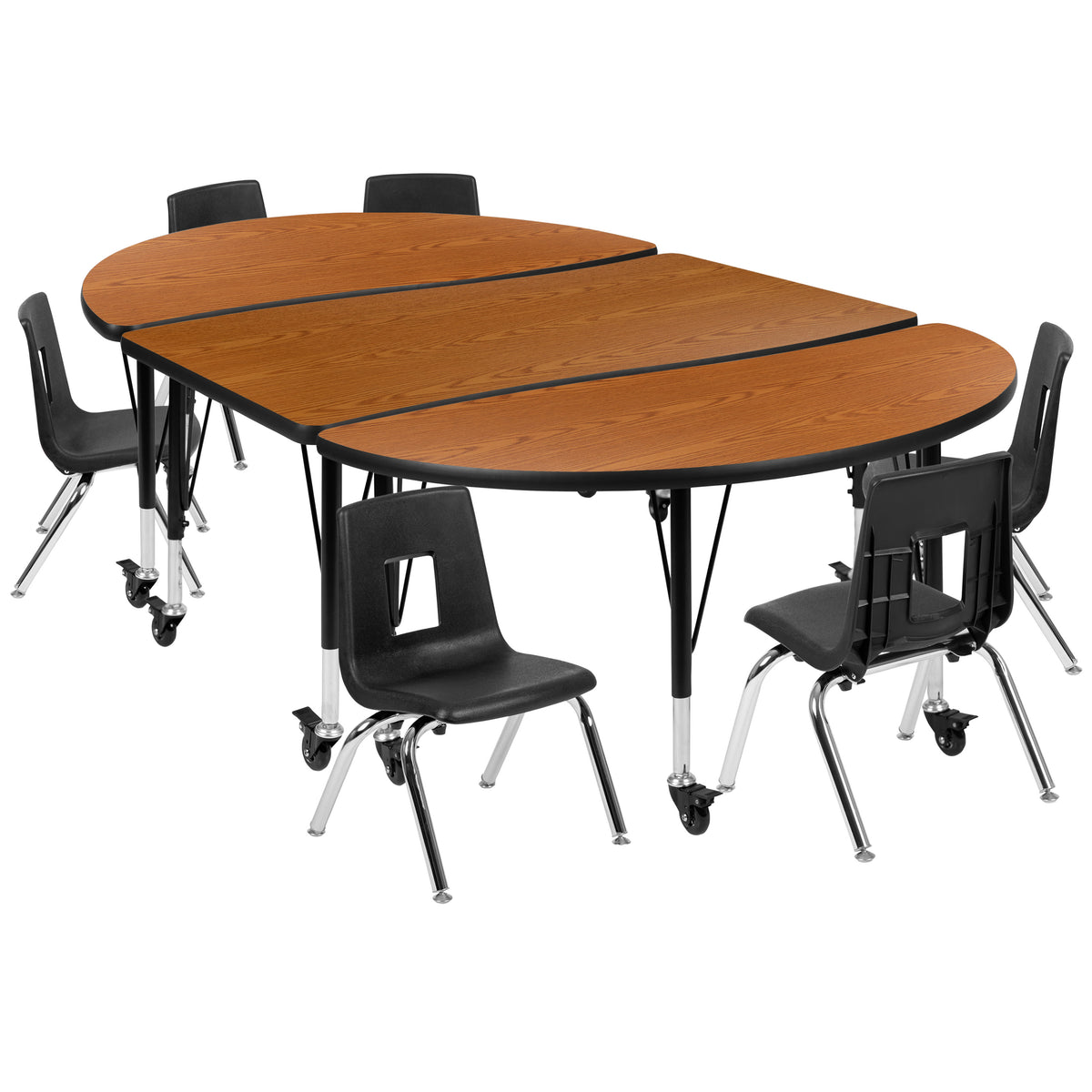 Oak Top/Black Frame |#| Mobile 76" Oval Wave Activity Table Set-14" Student Stack Chairs, Oak/Black